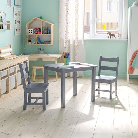 Flash Furniture Gray Kids Solid Hardwood 3 PC Table & Chair Set TW-WTCS-1001-GRY-GG